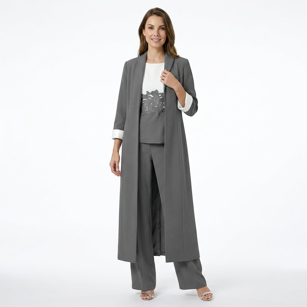 Women’s Three Piece Pantsuit – Longline Open Front Set