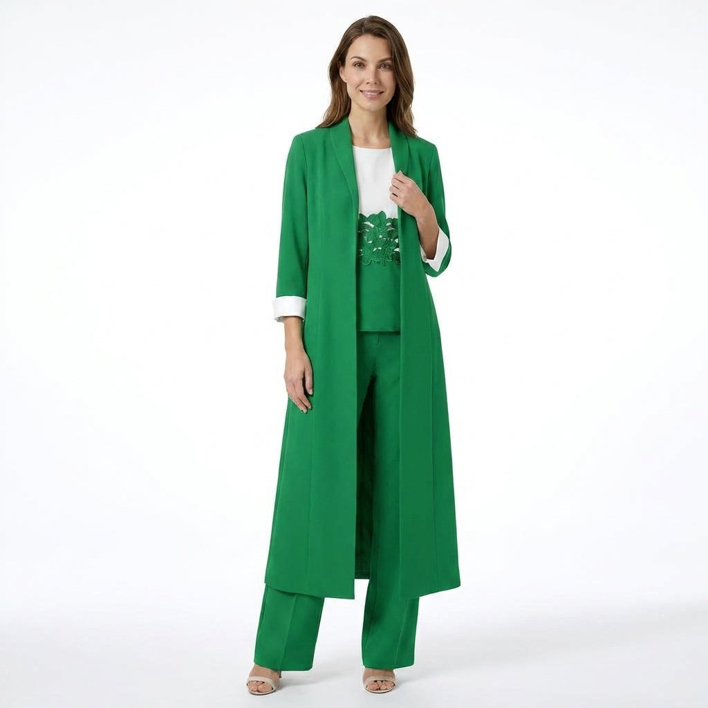 Women’s Three Piece Pantsuit – Longline Open Front Set