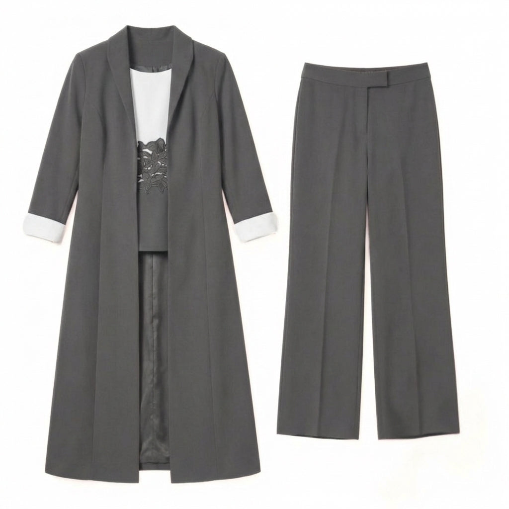 Women’s Three Piece Pantsuit – Longline Open Front Set