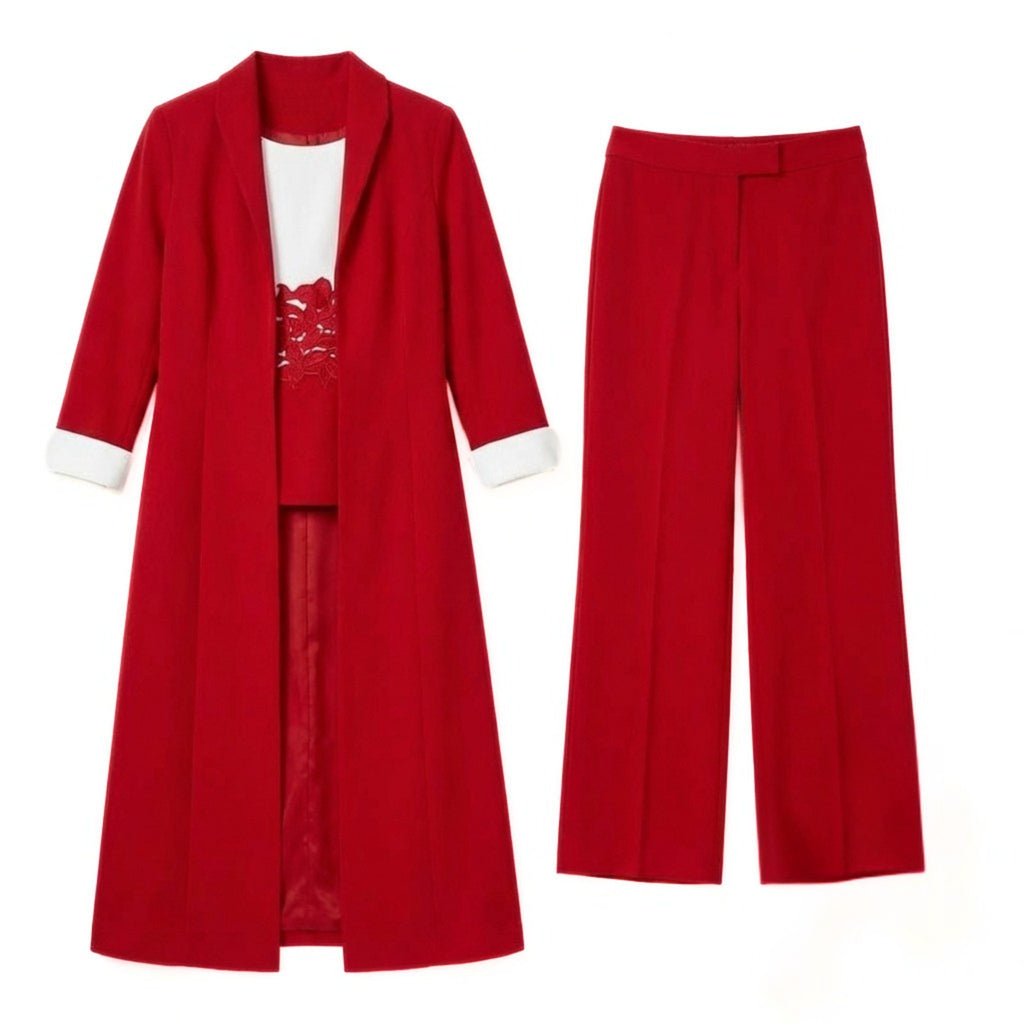 Women’s Three Piece Pantsuit – Longline Open Front Set