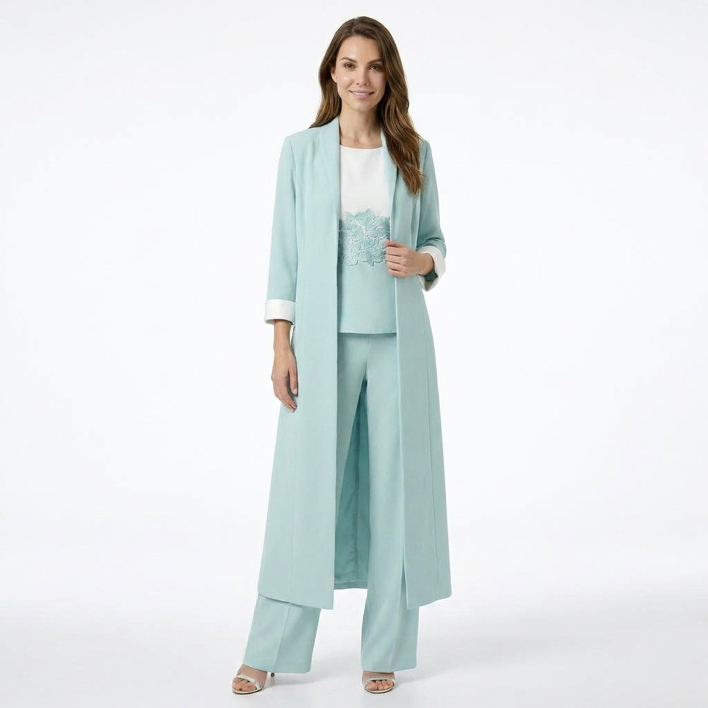 Women’s Three Piece Pantsuit – Longline Open Front Set