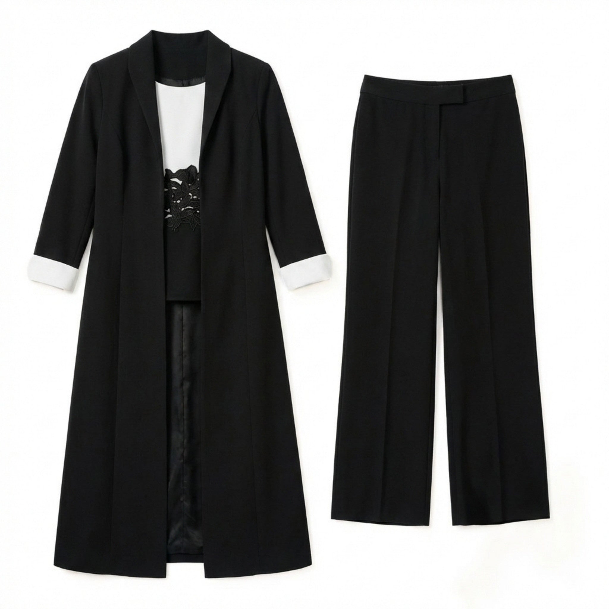 Women’s Three Piece Pantsuit – Longline Open Front Set