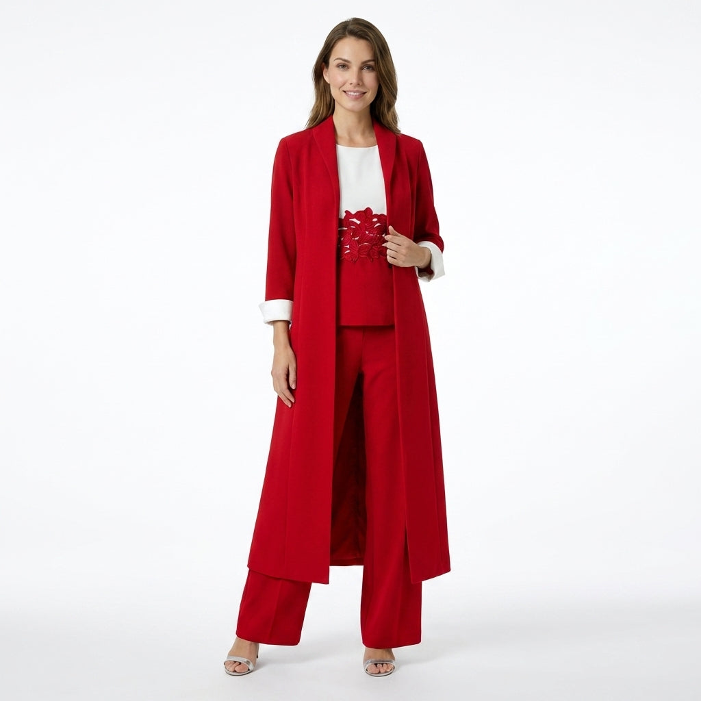 Women’s Three Piece Pantsuit – Longline Open Front Set