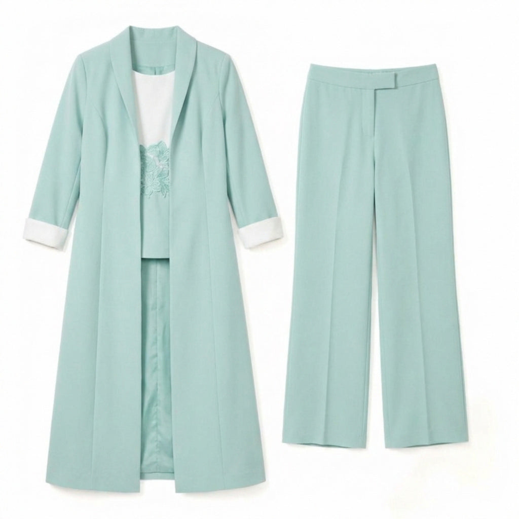 Women’s Three Piece Pantsuit – Longline Open Front Set