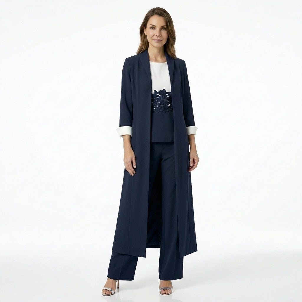 Women’s Three Piece Pantsuit – Longline Open Front Set