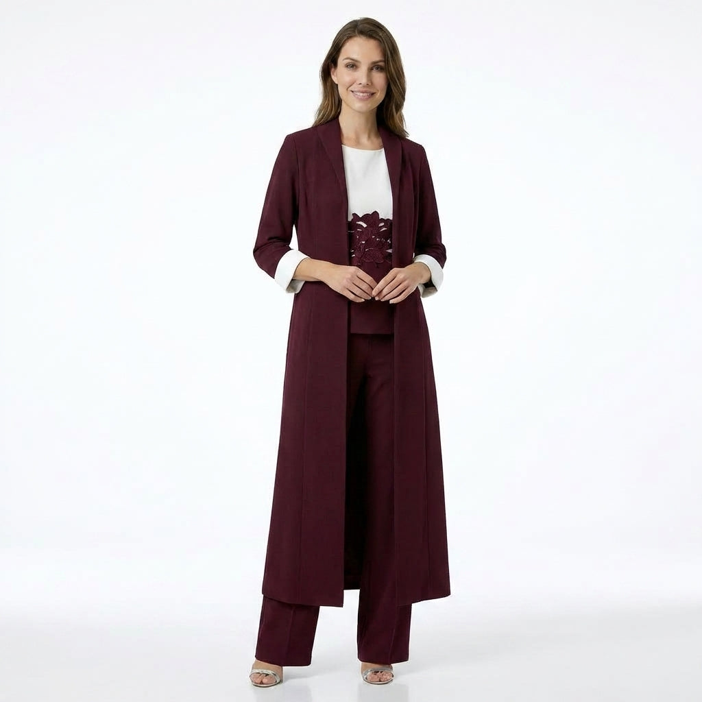 Women’s Three Piece Pantsuit – Longline Open Front Set