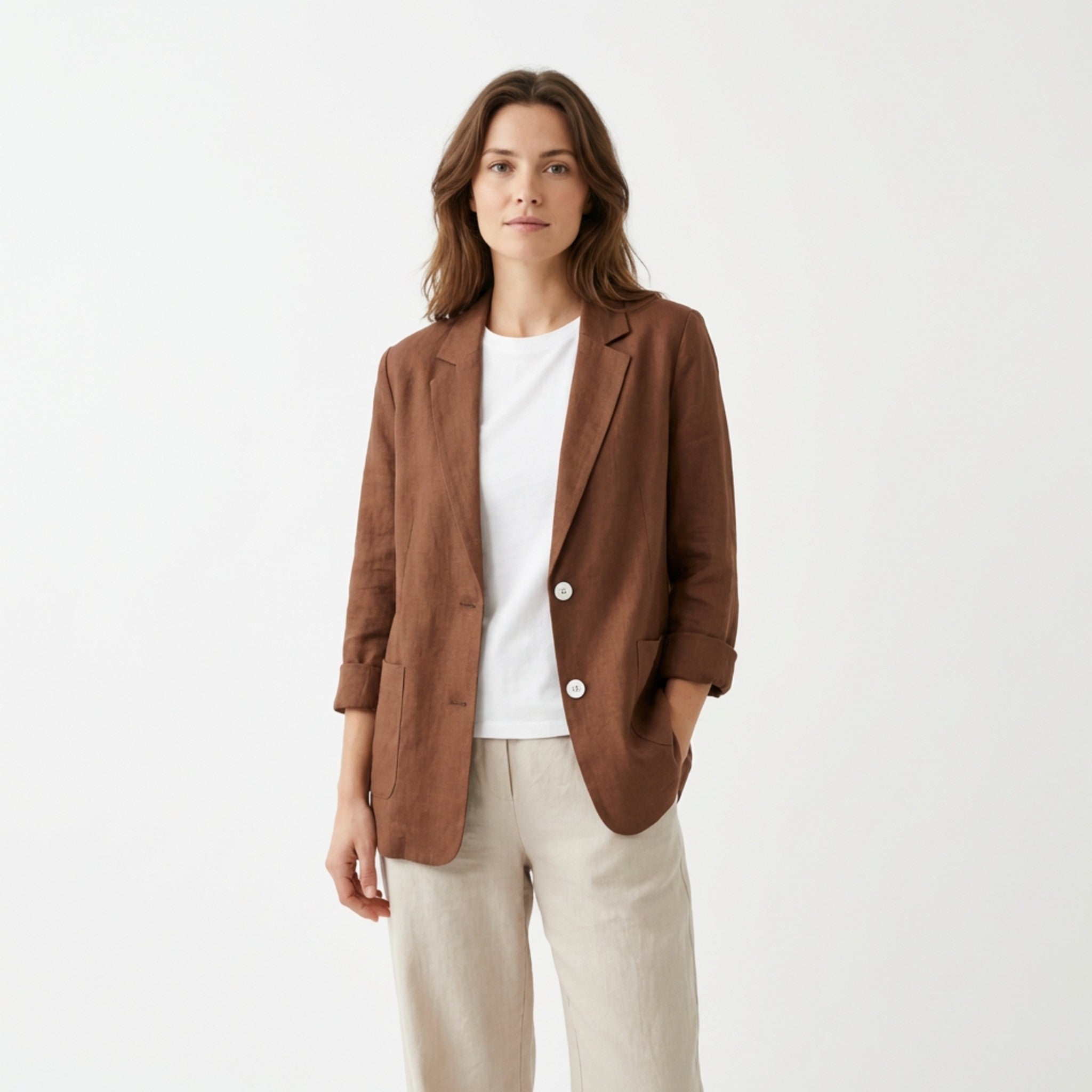 Women’s Two-Button Blazer – Regular Length Solid Color Design