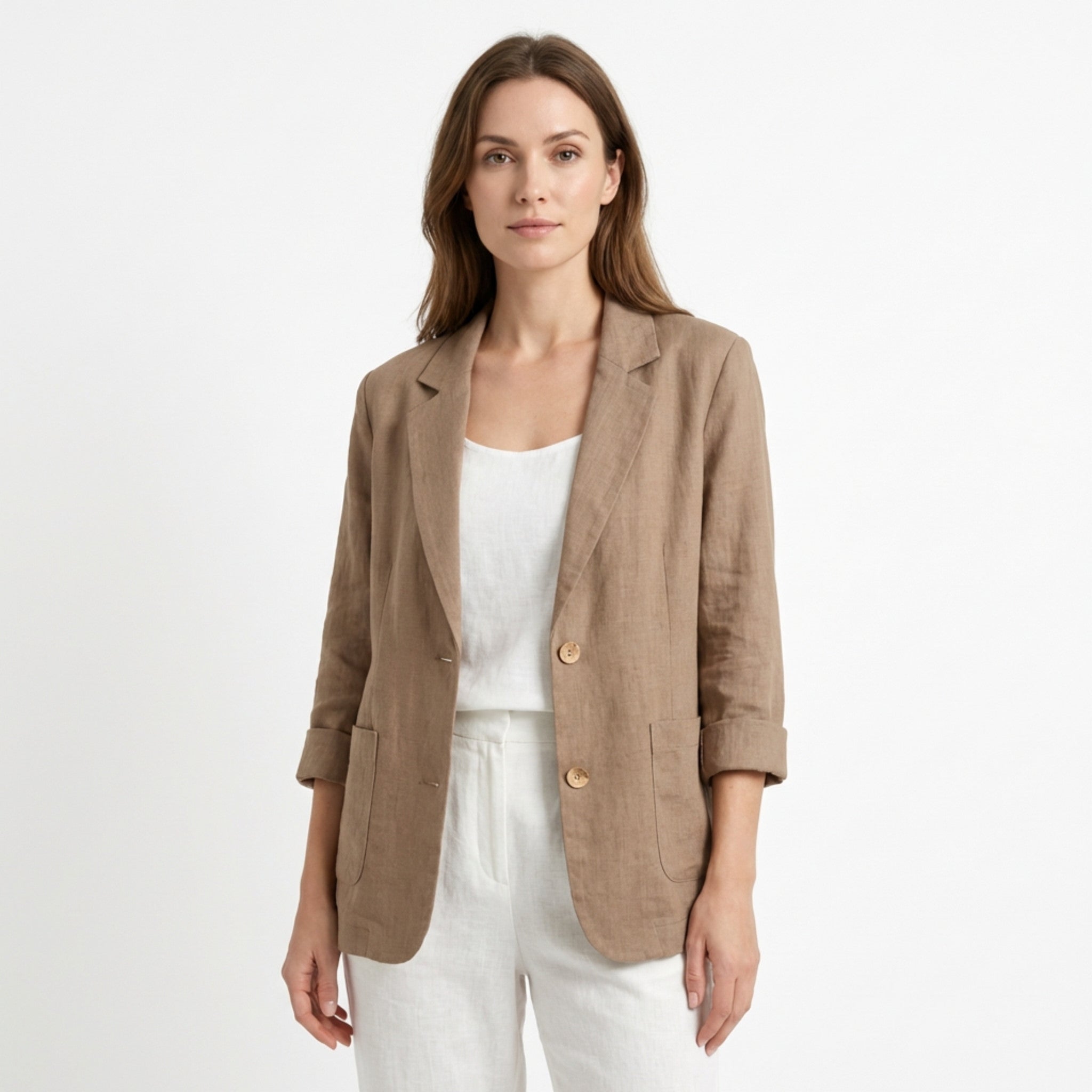 Women’s Two-Button Blazer – Regular Length Solid Color Design