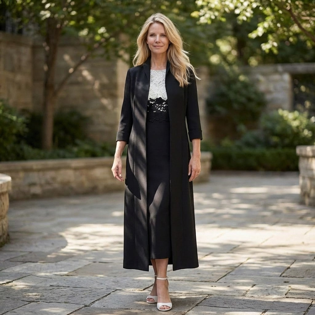 Women’s Two Piece Dress Set – Longline Jacket Lace Panel