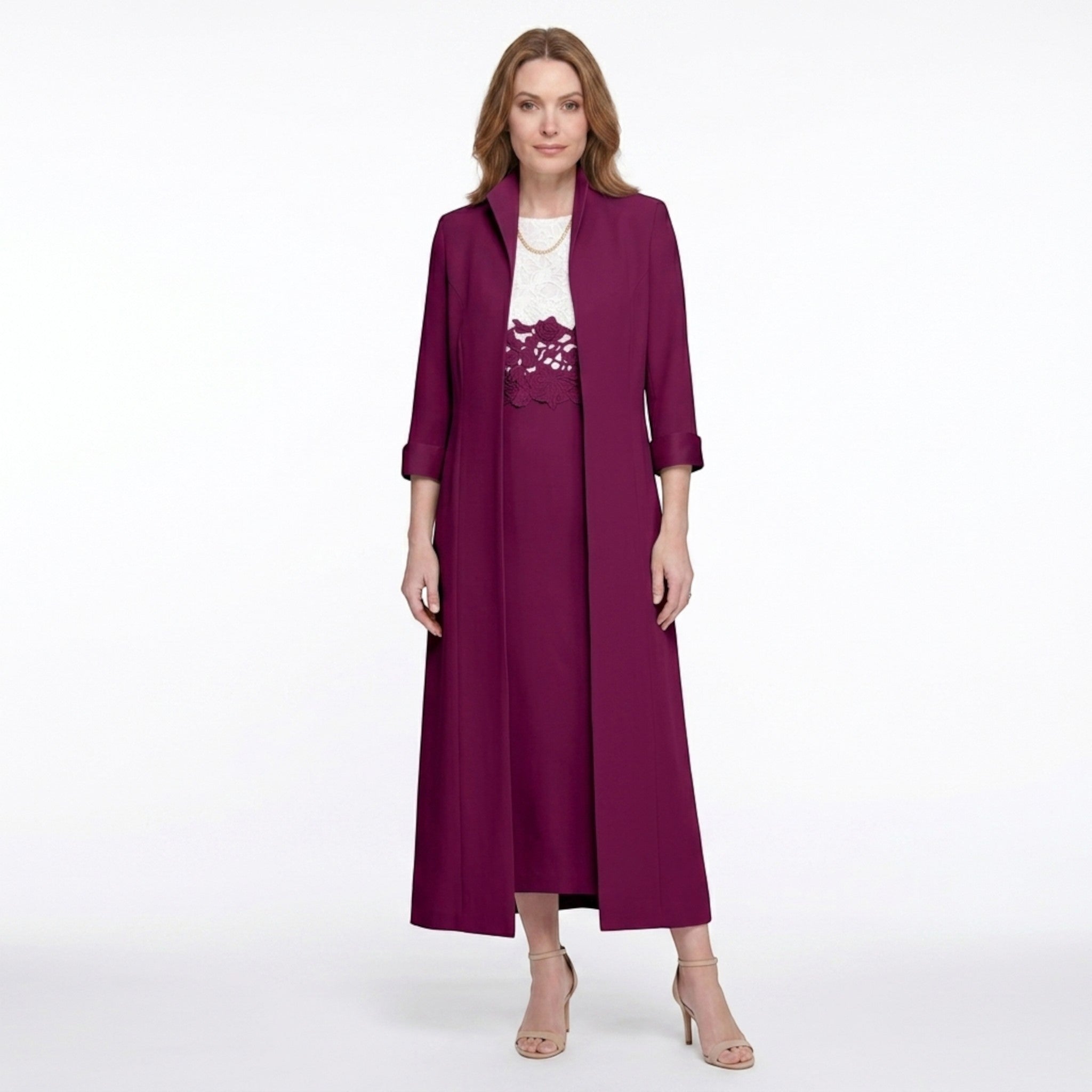 Women’s Two Piece Dress Set – Longline Jacket Lace Panel