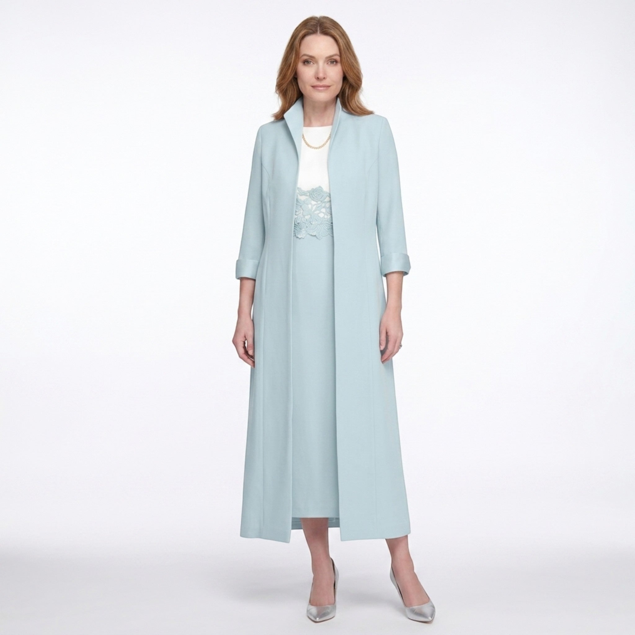 Women’s Two Piece Dress Set – Longline Jacket Lace Panel