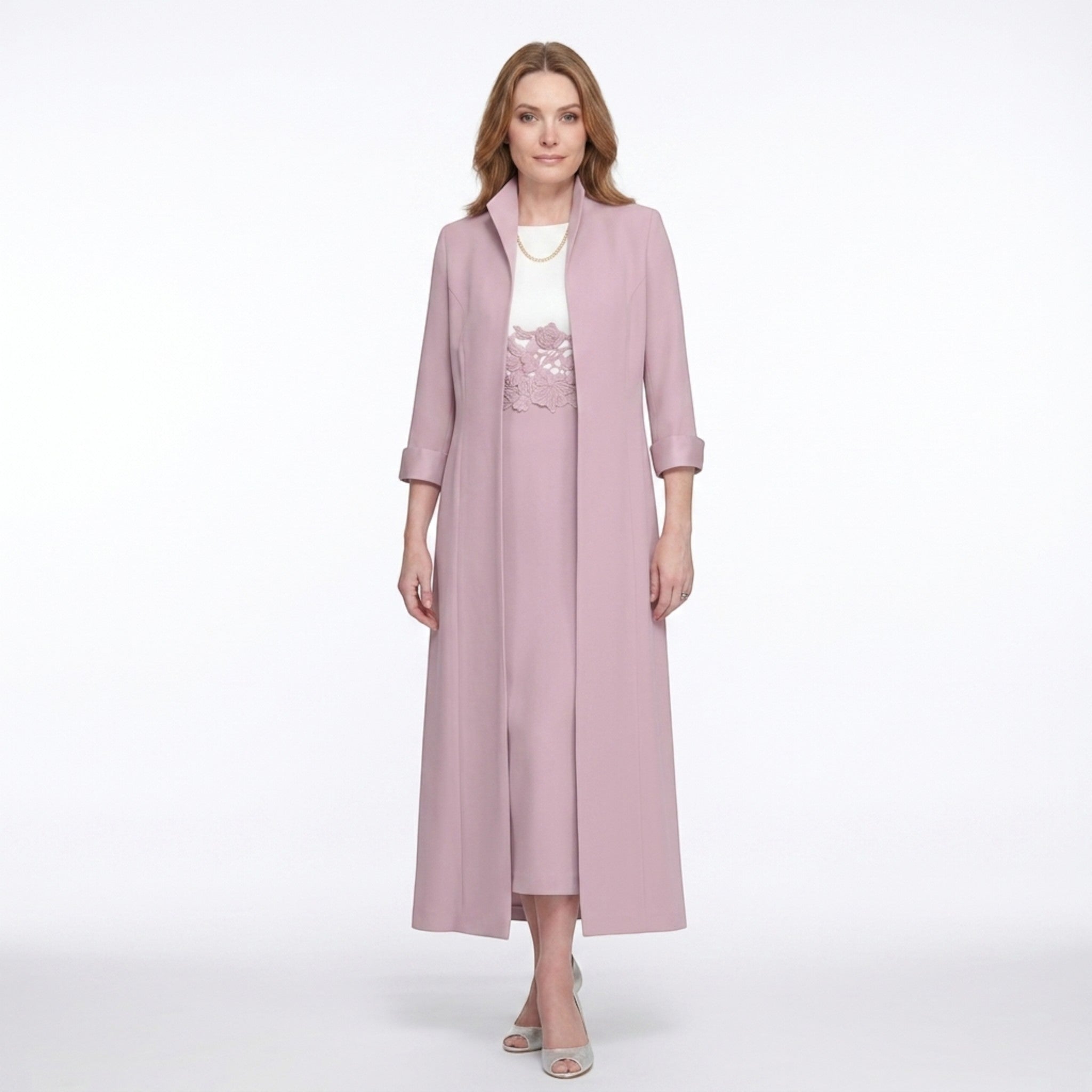 Women’s Two Piece Dress Set – Longline Jacket Lace Panel