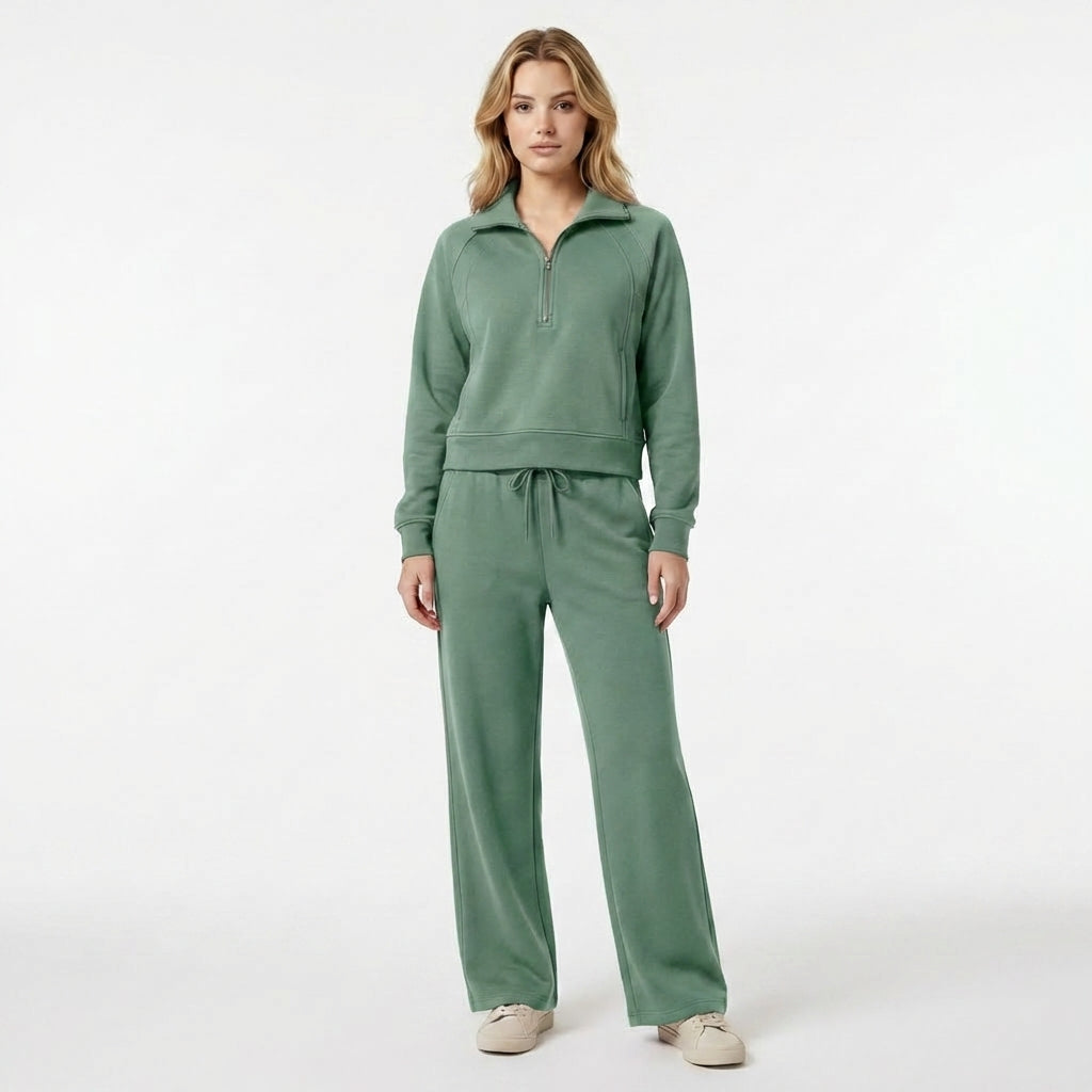 Women’s Two Piece Set – Zip Neck Top Trousers
