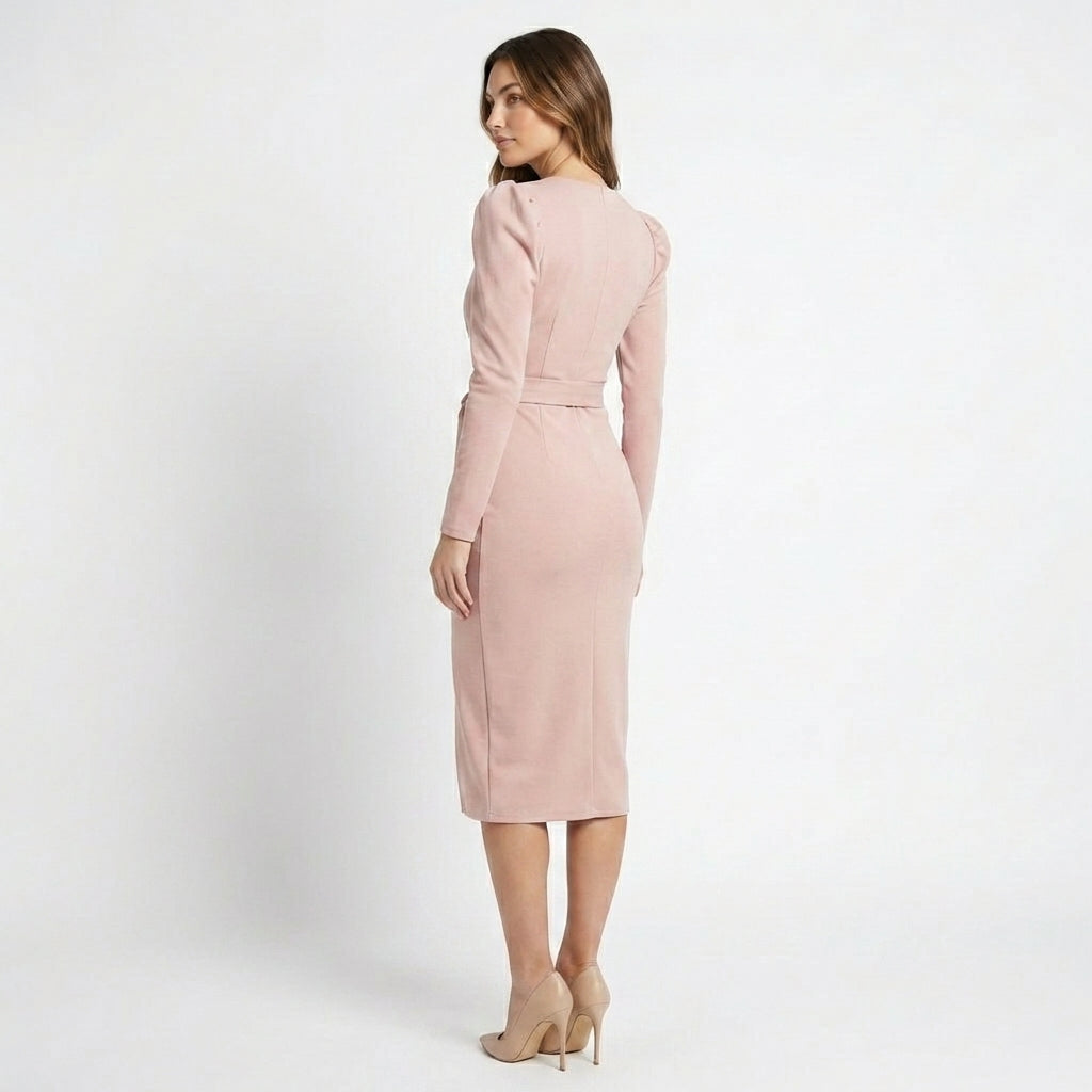Women’s V Neck Bodycon Dress – Long Sleeve Tie Waist