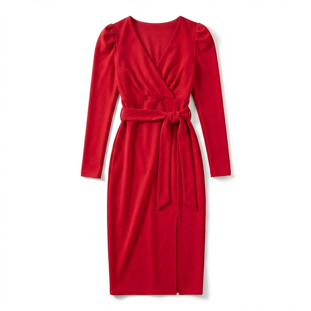 Women’s V Neck Bodycon Dress – Long Sleeve Tie Waist
