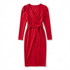 Women’s V Neck Bodycon Dress – Long Sleeve Tie Waist