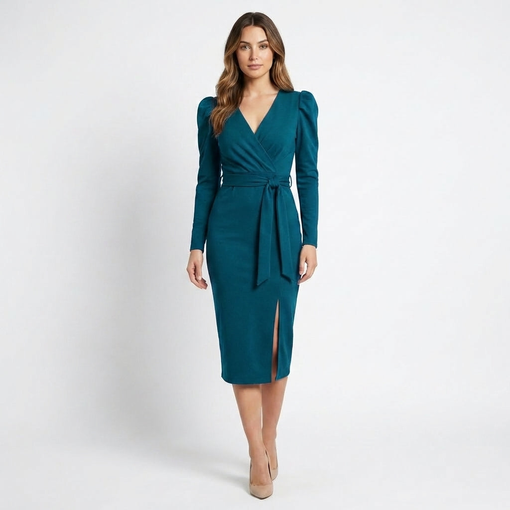 Women’s V Neck Bodycon Dress – Long Sleeve Tie Waist