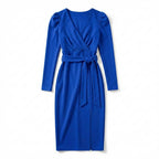 Women’s V Neck Bodycon Dress – Long Sleeve Tie Waist
