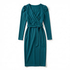 Women’s V Neck Bodycon Dress – Long Sleeve Tie Waist