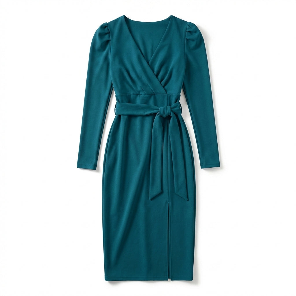 Women’s V Neck Bodycon Dress – Long Sleeve Tie Waist
