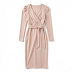 Women’s V Neck Bodycon Dress – Long Sleeve Tie Waist