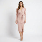 Women’s V Neck Bodycon Dress – Long Sleeve Tie Waist