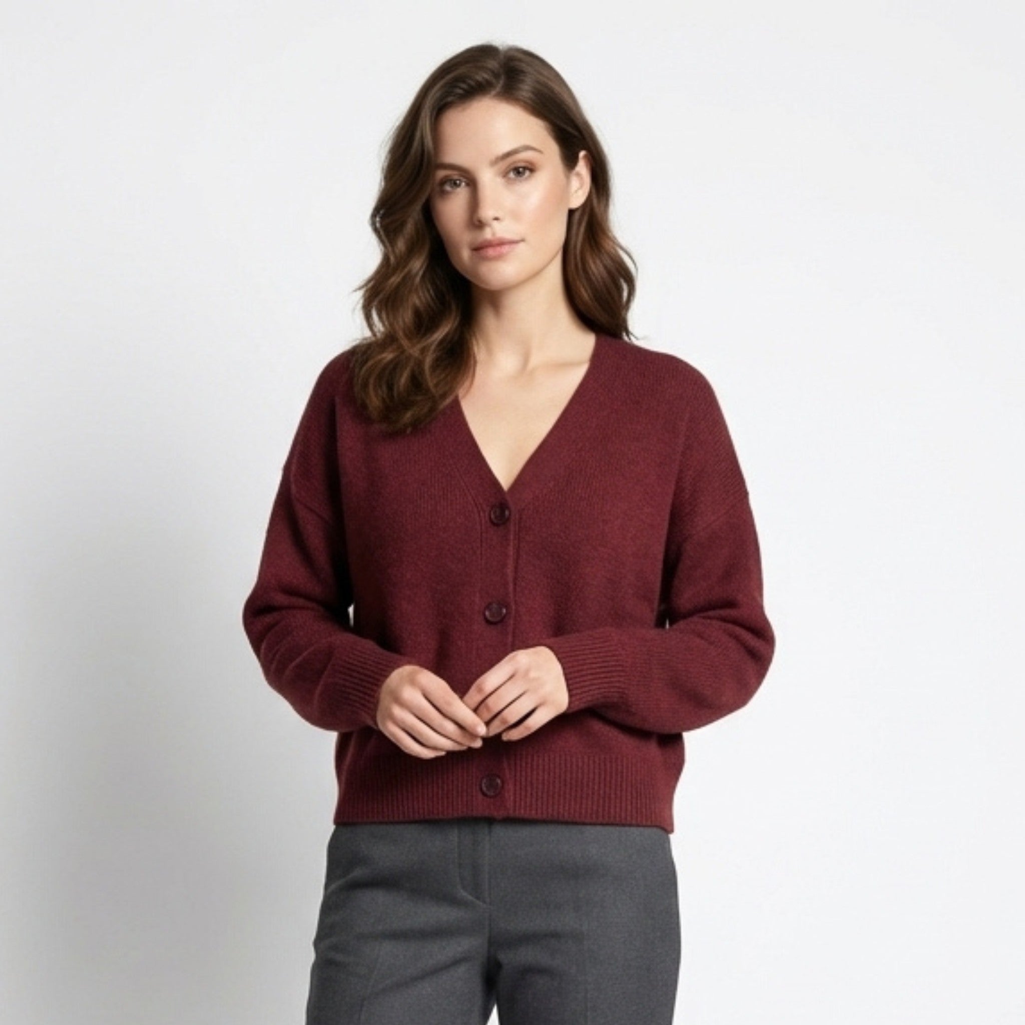 Women’s V Neck Button Cardigan – Long Sleeve Relaxed Fit