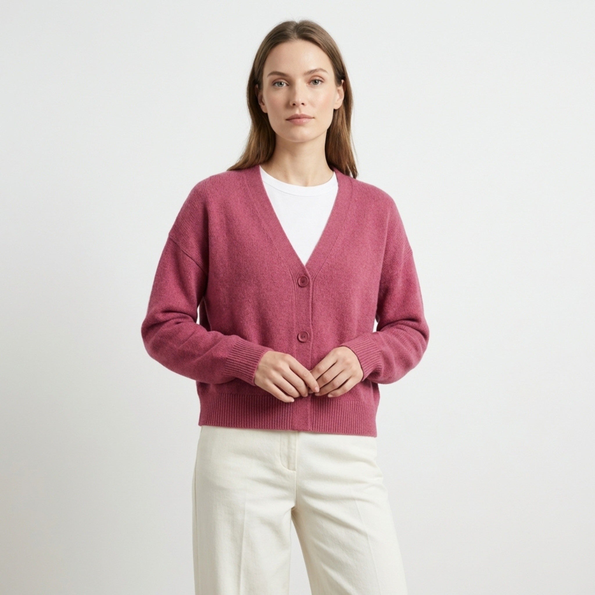 Women’s V Neck Button Cardigan – Long Sleeve Relaxed Fit