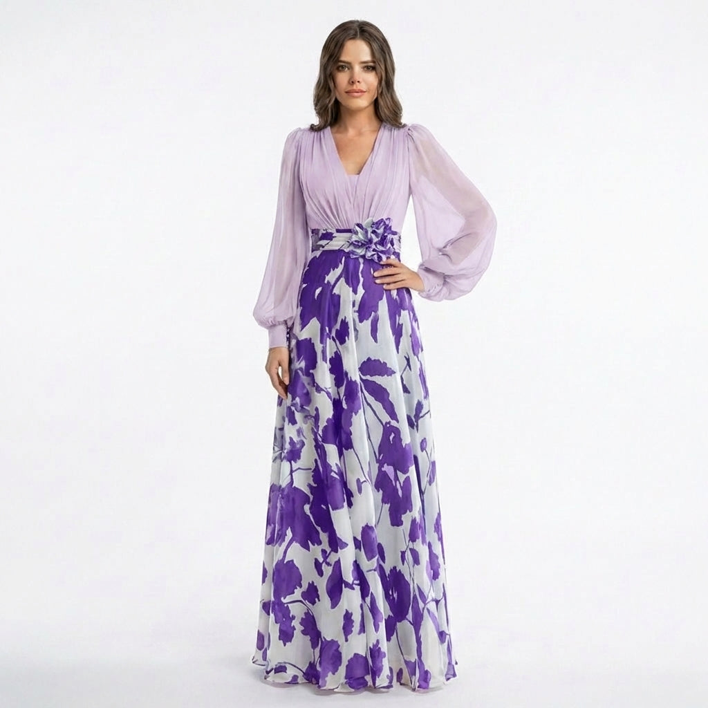 Women’s V Neck Maxi Dress – A Line Chiffon
