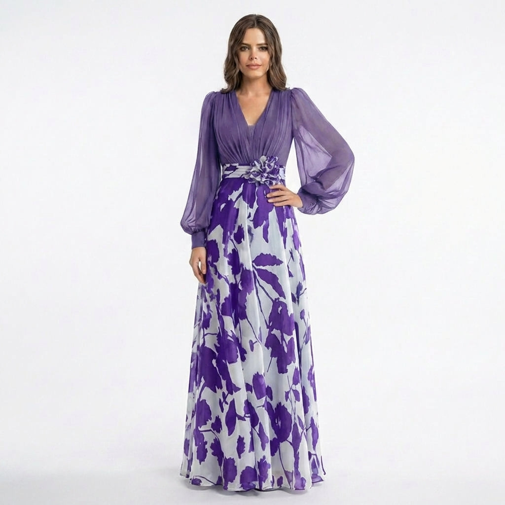 Women’s V Neck Maxi Dress – A Line Chiffon