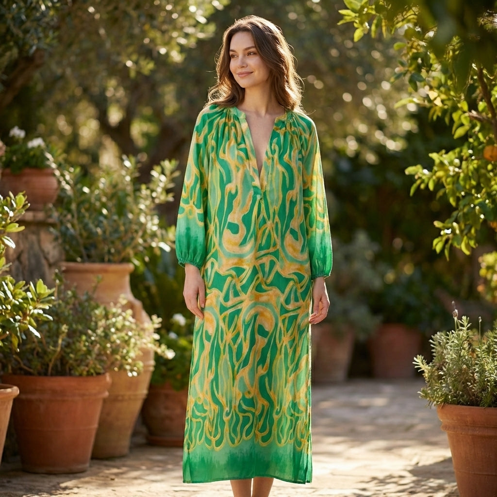 Women’s V Neck Maxi Dress – Long Sleeve Printed