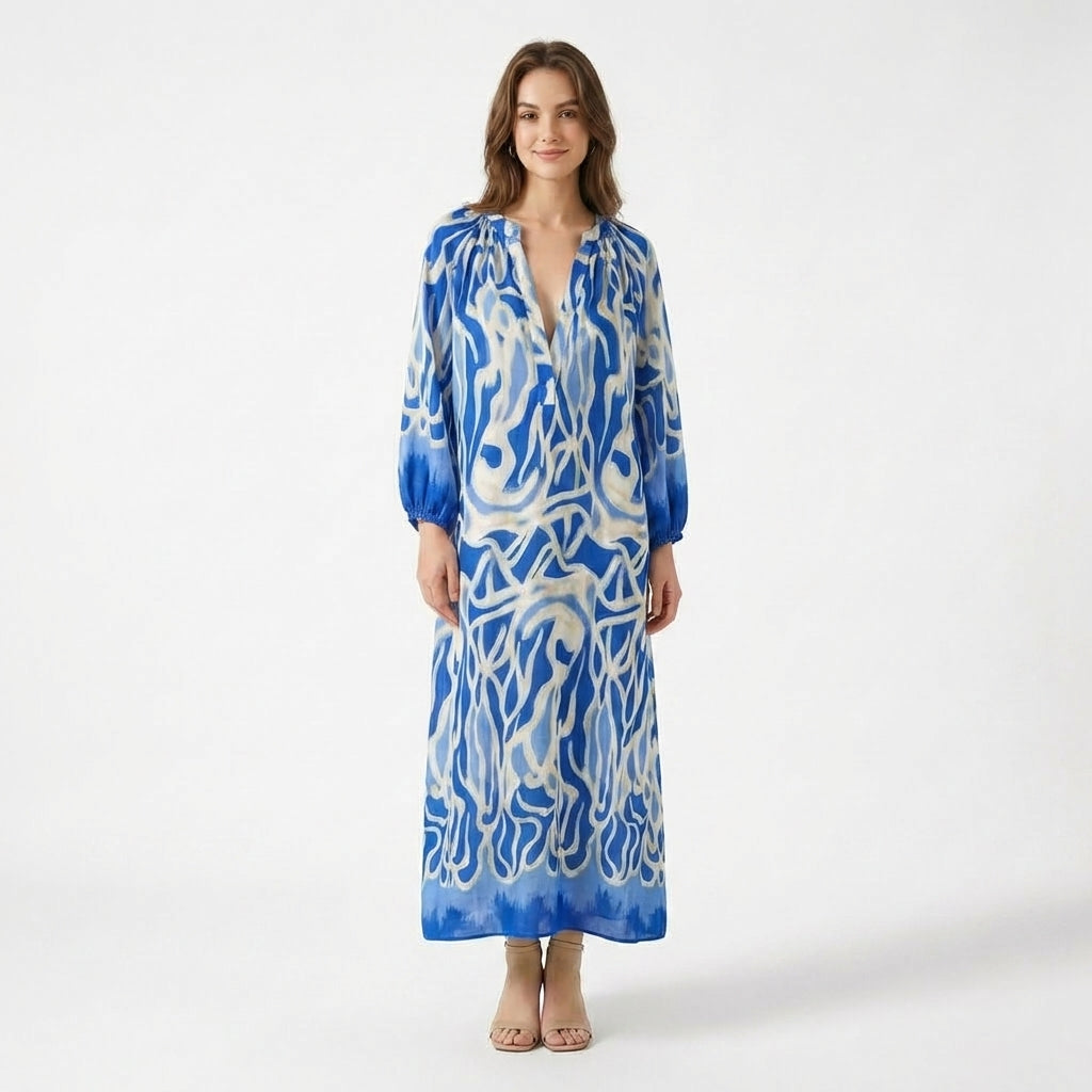 Women’s V Neck Maxi Dress – Long Sleeve Printed
