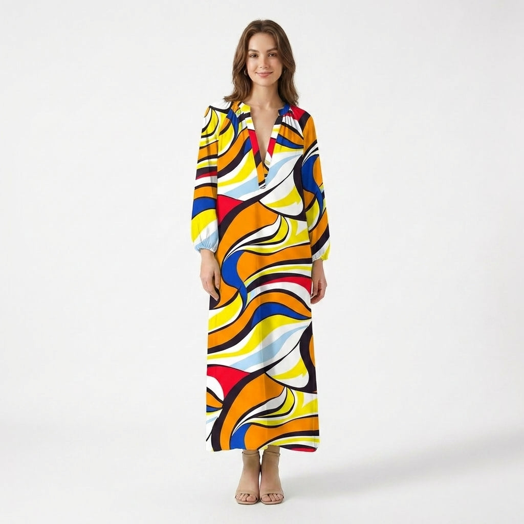 Women’s V Neck Maxi Dress – Long Sleeve Printed