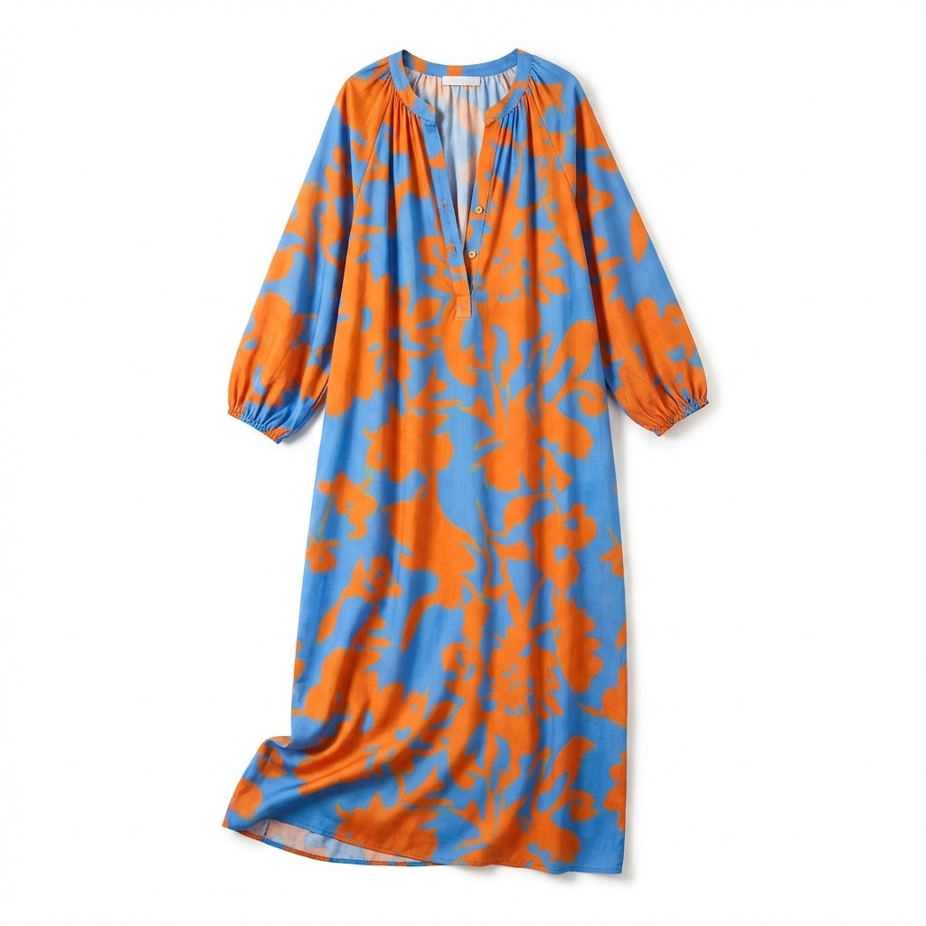 Women’s V Neck Maxi Dress – Long Sleeve Printed