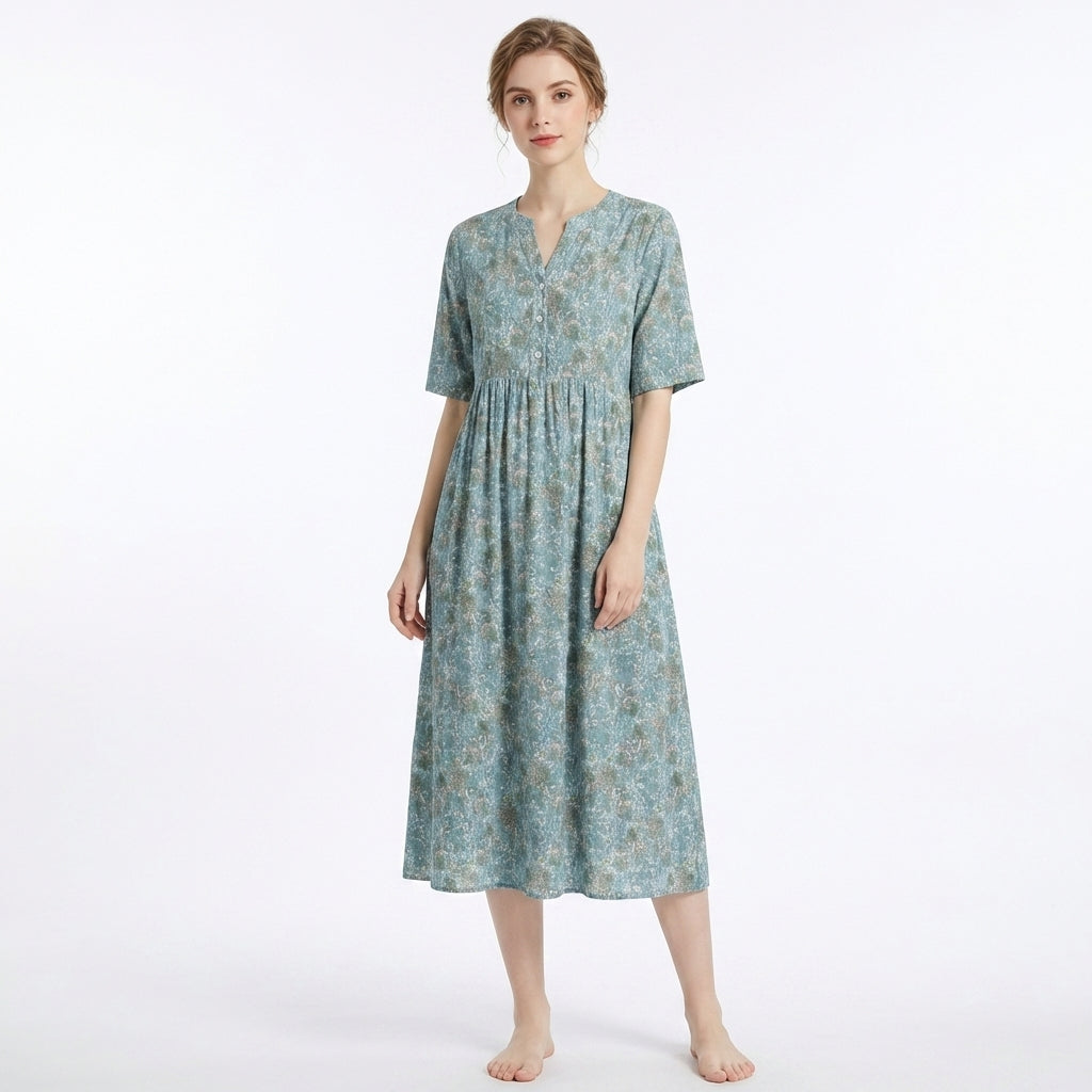 Women’s V Neck Midi Dress – Button Front Printed