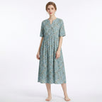 Women’s V Neck Midi Dress – Button Front Printed