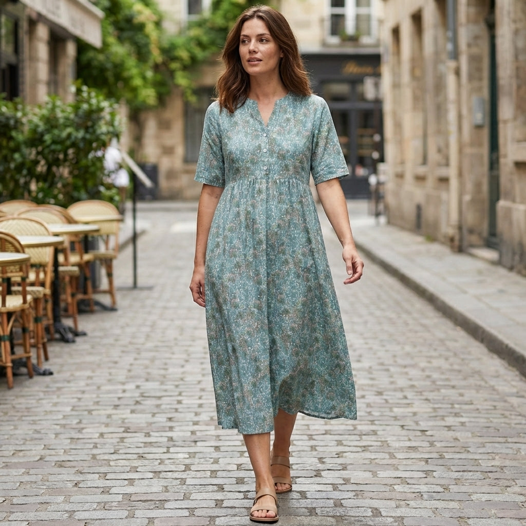 Women’s V Neck Midi Dress – Button Front Printed