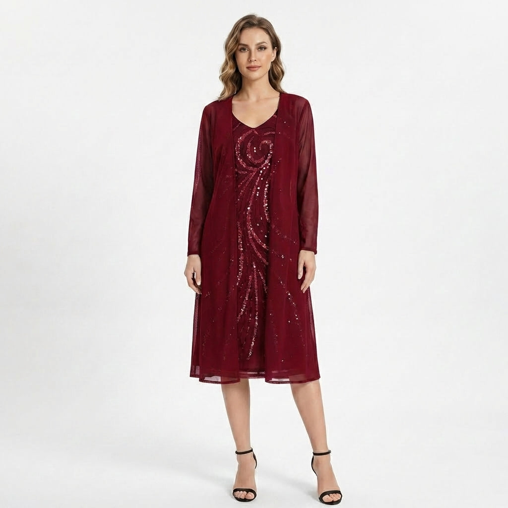 Women’s V Neck Midi Dress – Sheath Sequin Jacket Set
