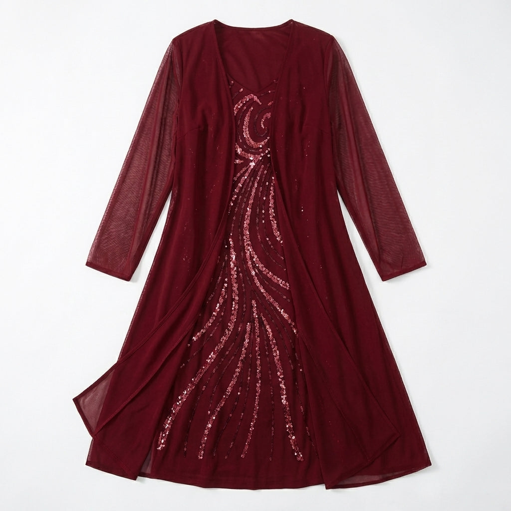 Women’s V Neck Midi Dress – Sheath Sequin Jacket Set