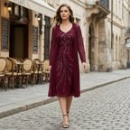 Women’s V Neck Midi Dress – Sheath Sequin Jacket Set