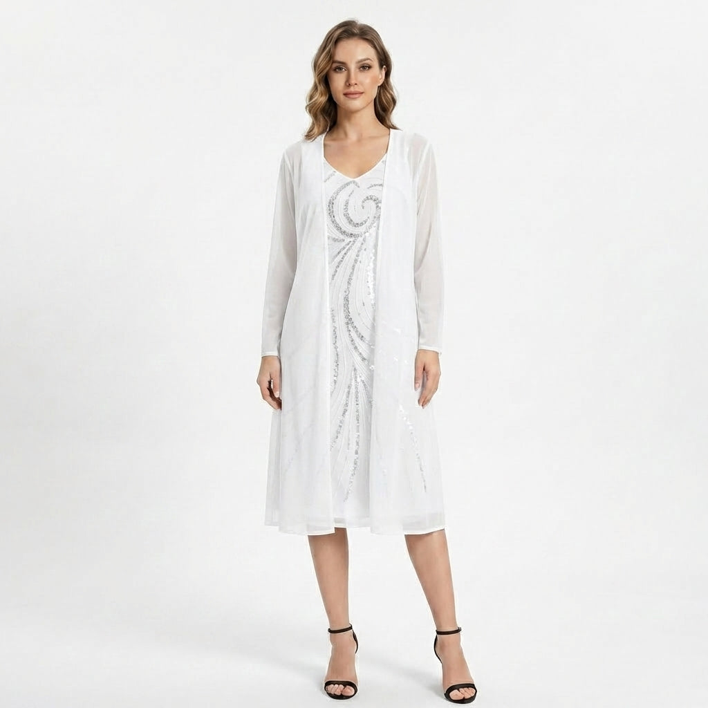 Women’s V Neck Midi Dress – Sheath Sequin Jacket Set