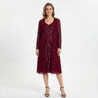 Women’s V Neck Midi Dress – Sheath Sequin Jacket Set
