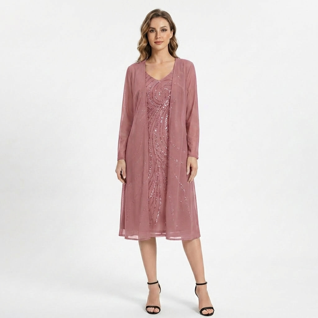 Women’s V Neck Midi Dress – Sheath Sequin Jacket Set