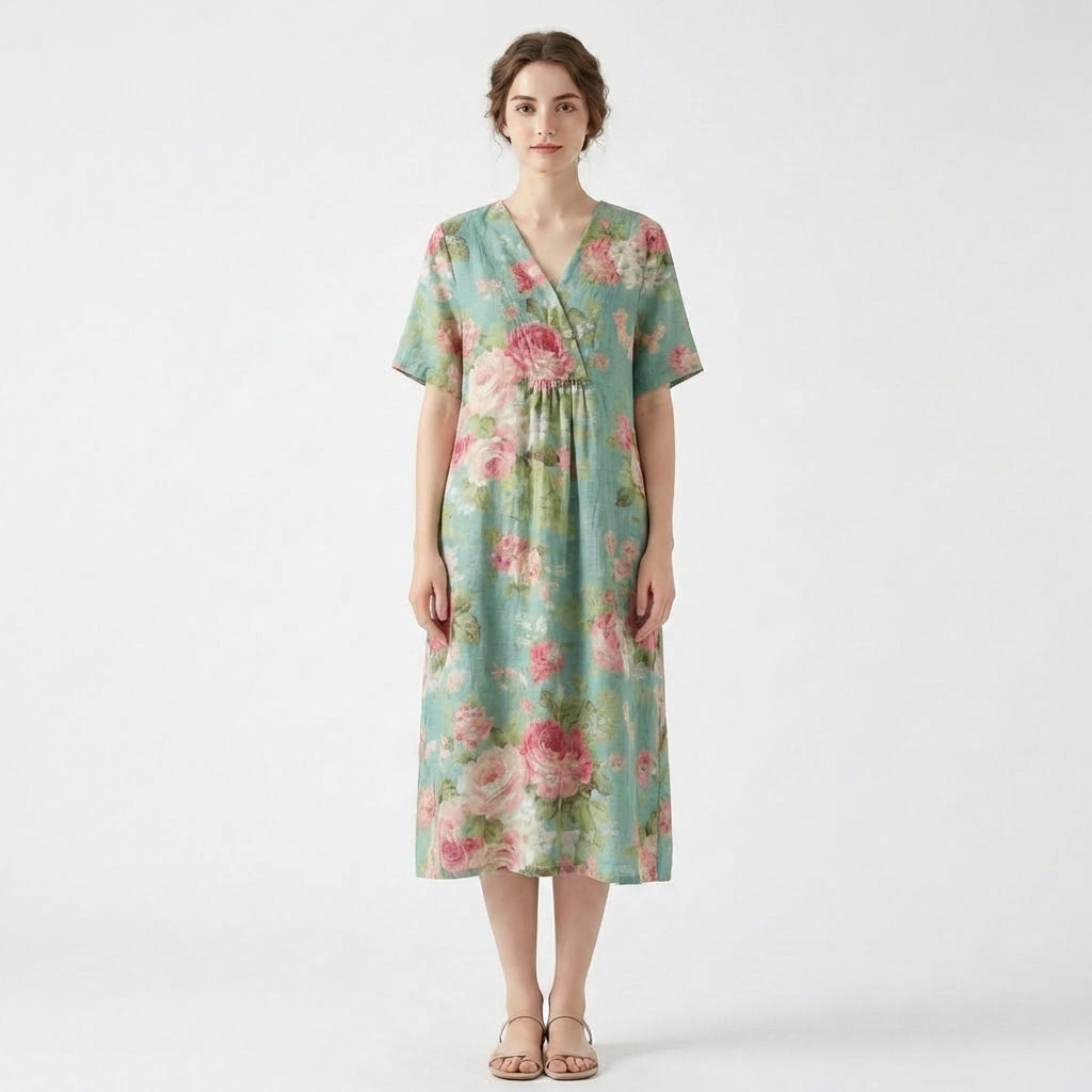 Women’s V Neck Midi Dress – Short Sleeve Floral