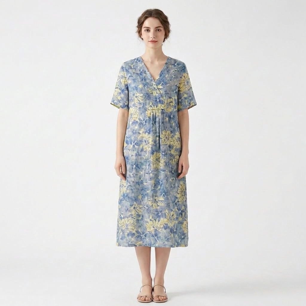 Women’s V Neck Midi Dress – Short Sleeve Floral