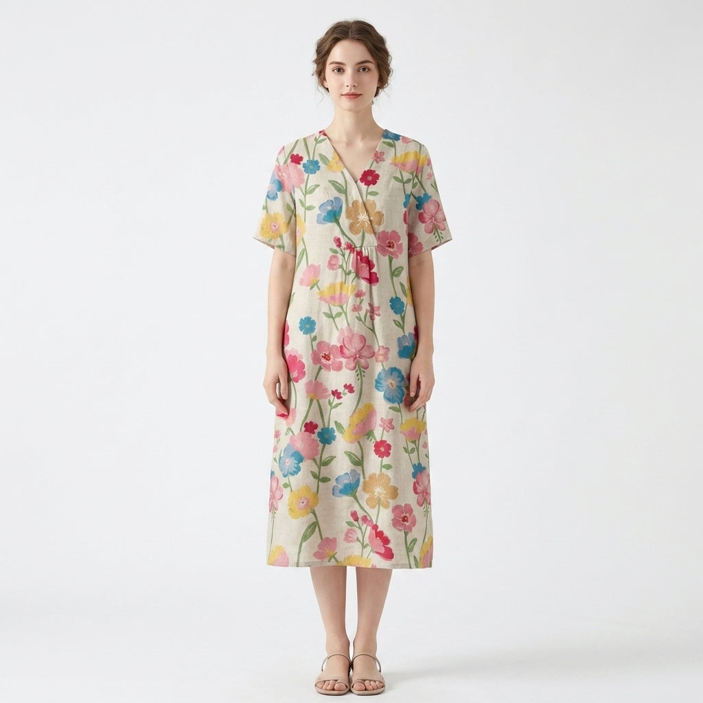 Women’s V Neck Midi Dress – Short Sleeve Floral