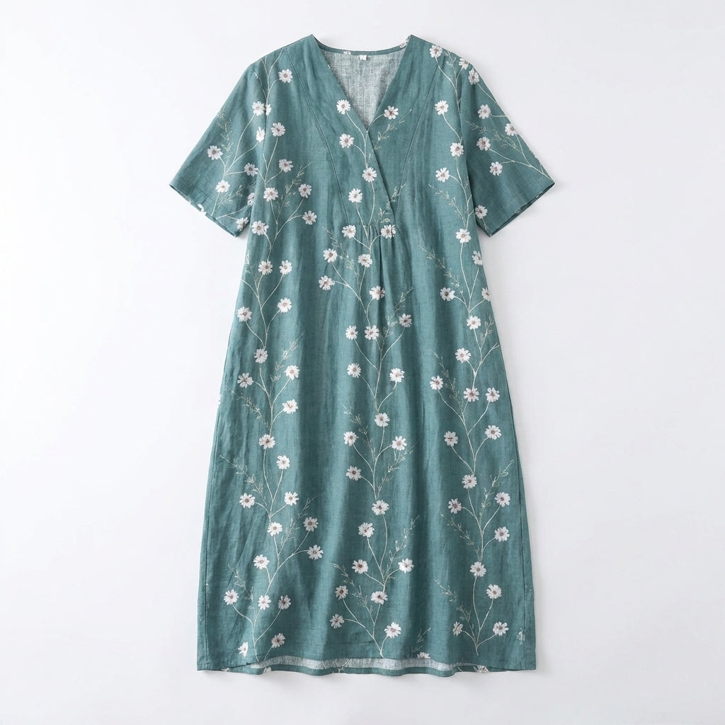 Women’s V Neck Midi Dress – Short Sleeve Floral