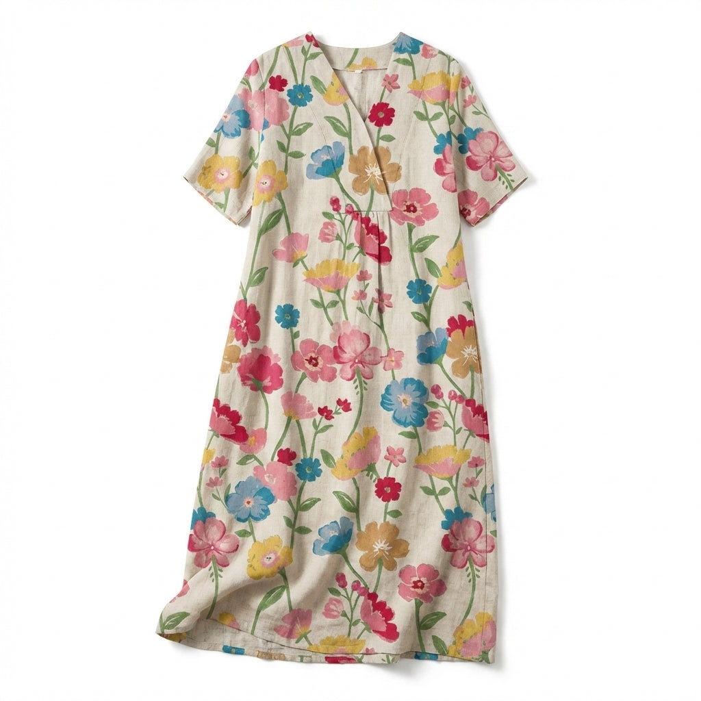 Women’s V Neck Midi Dress – Short Sleeve Floral