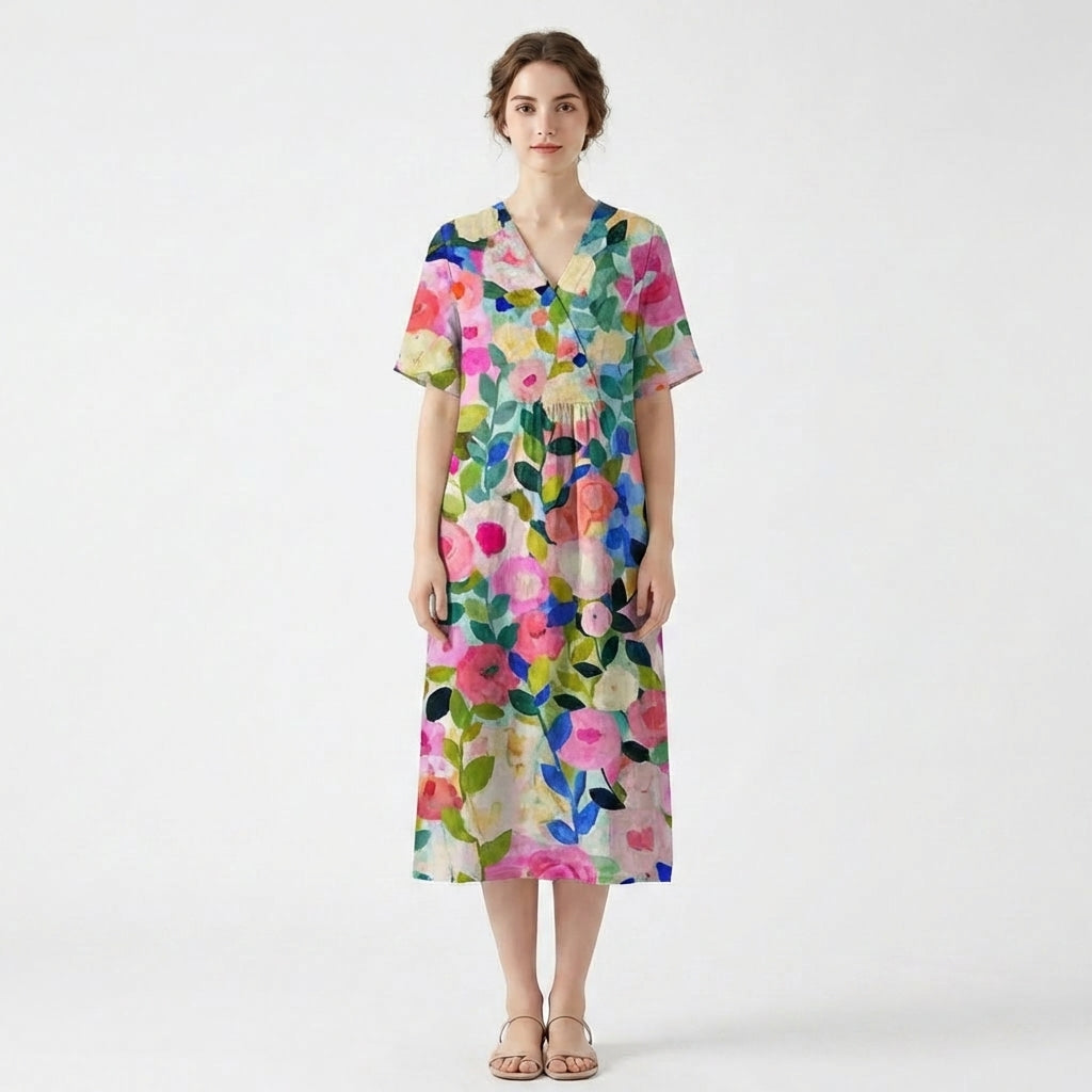Women’s V Neck Midi Dress – Short Sleeve Floral
