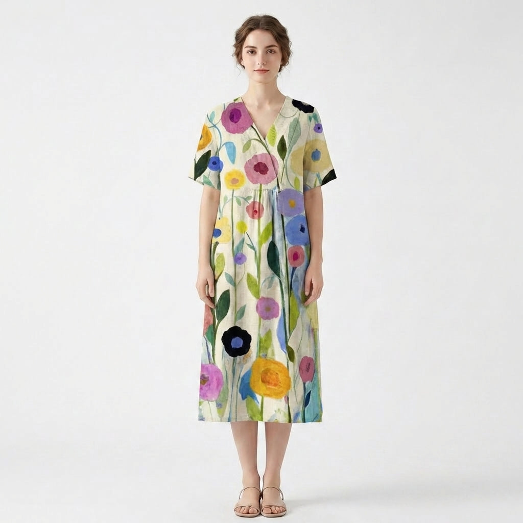 Women’s V Neck Midi Dress – Short Sleeve Floral
